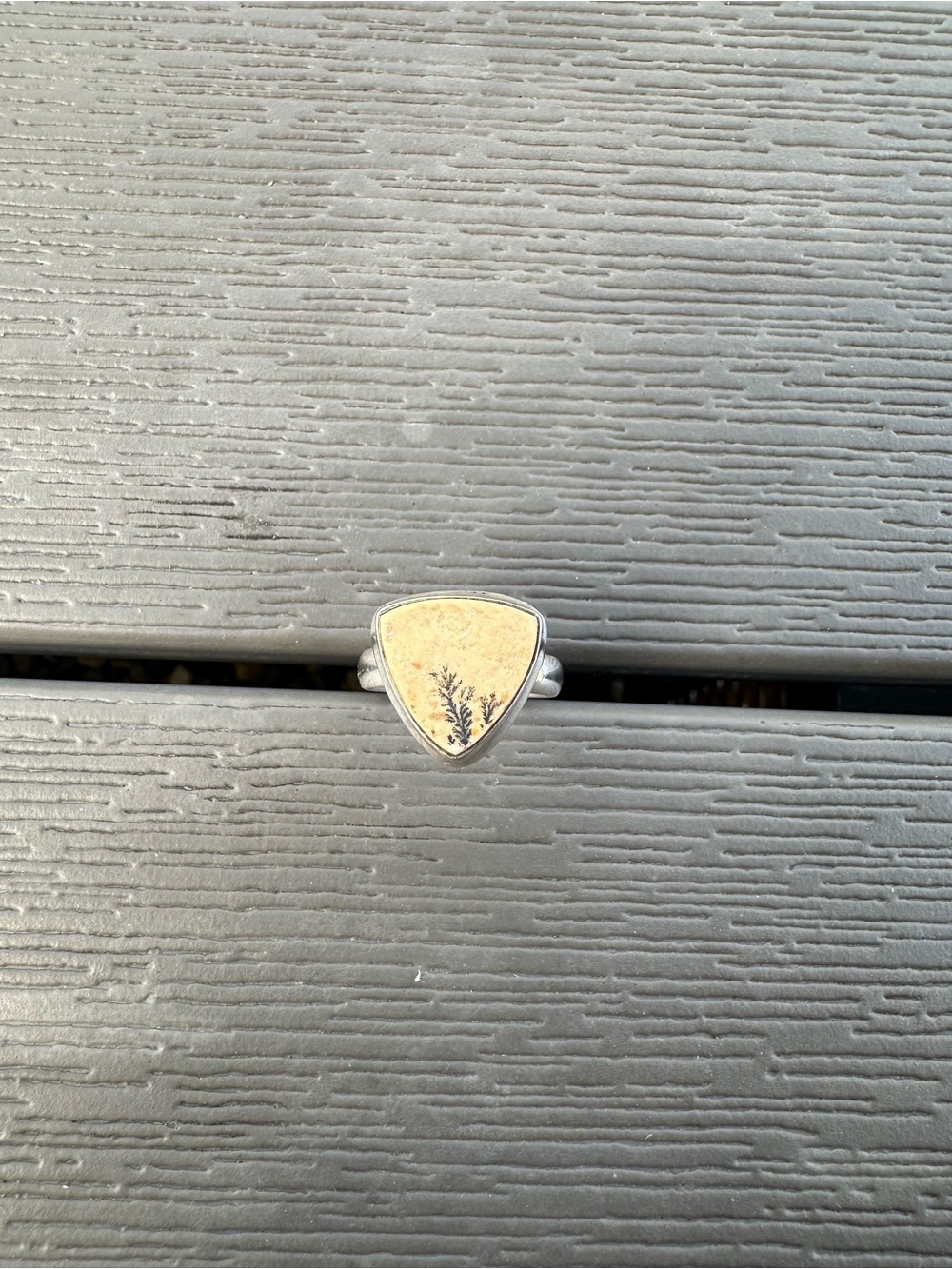 Silver Triangular Lime Stone Ring with Dendritic Agate Pattern
